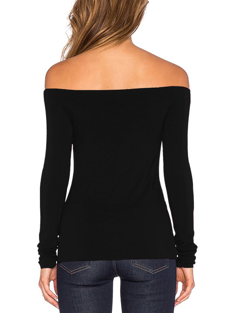 Sarin Mathews Women's Sexy Slim Fit Stretchy Off Shoulder Long Sleeve Blouse Tops Shirt Black 2XL - Image 2
